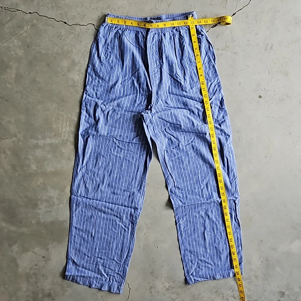 Lightweight cotton pajama bottoms blue with white pinstripe pockets button fly